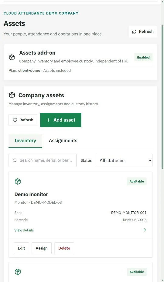 Asset inventory with fictional demo data