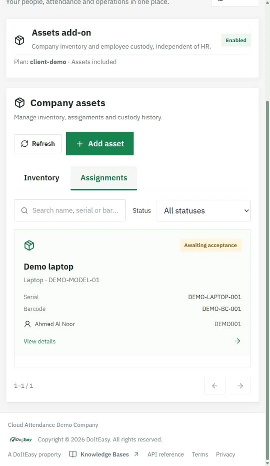 Employee custody with fictional demo data