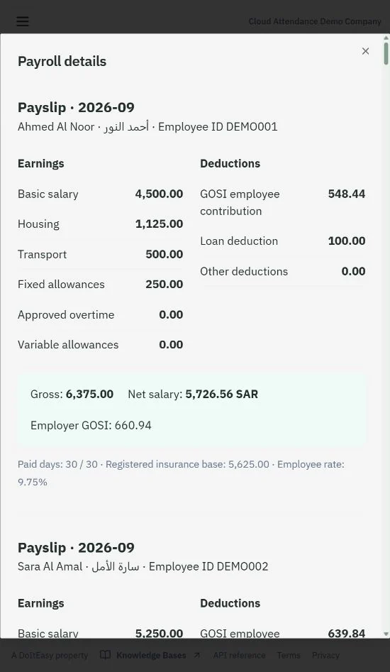 Payroll workspace with fictional demo data