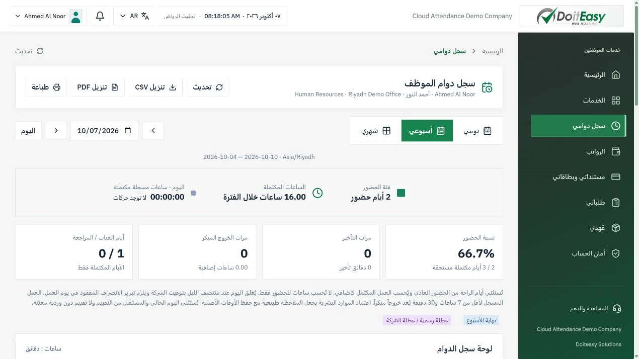 واجهة توضيحية ببيانات تجريبية